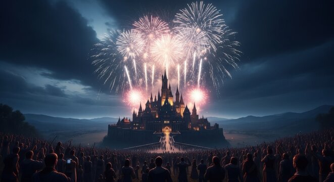 Spectacular fireworks illuminate a grand medieval castle with a crowd watching