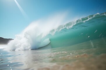 Naklejka premium Bright Blue Ocean Wave Power Natural Light Underwater Scene ai generated