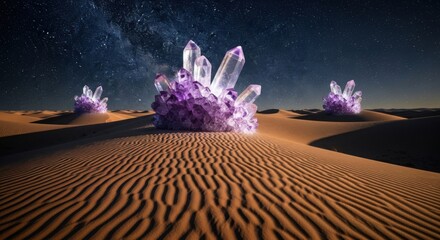 Vast desert landscape under a starry night sky illuminated by glowing purple crystals