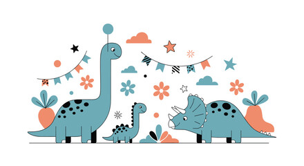 Cute baby dinosaurs with family celebrate birthday party with decorations