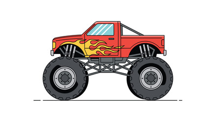 Naklejka premium Big red monster truck with flames and oversized tires