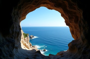 Bright Sunlight Ocean View from Hidden Cave Opening ai generated