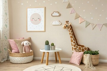 Adorable Kids Room Interior with Giraffe Plush Toy, Teepee Tent, Cactus Plants, Soft Pastel Decor, and Neutral Scandinavian Style Nursery Design