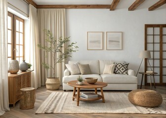 Neutral Boho Living Room Interior with White Sofa, Wooden Furniture, Natural Textiles, Indoor Plant, and Soft Light in Scandinavian-Inspired Design