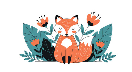 Fototapeta premium Adorable fox surrounded by lush green leaves and vibrant orange flowers illustration
