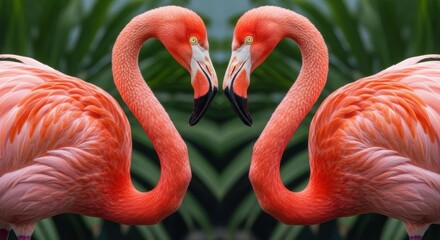 Two Elegant Flamingos Form a Heart Shape with Their Necks Against a Lush Green Background