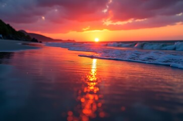 Obraz premium Beautiful Coastal Sunset Serene Ocean Waves and Sand ai generated