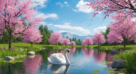 Serene Swan Glides Through Blooming Cherry Blossom Paradise on a Sunny Spring Day