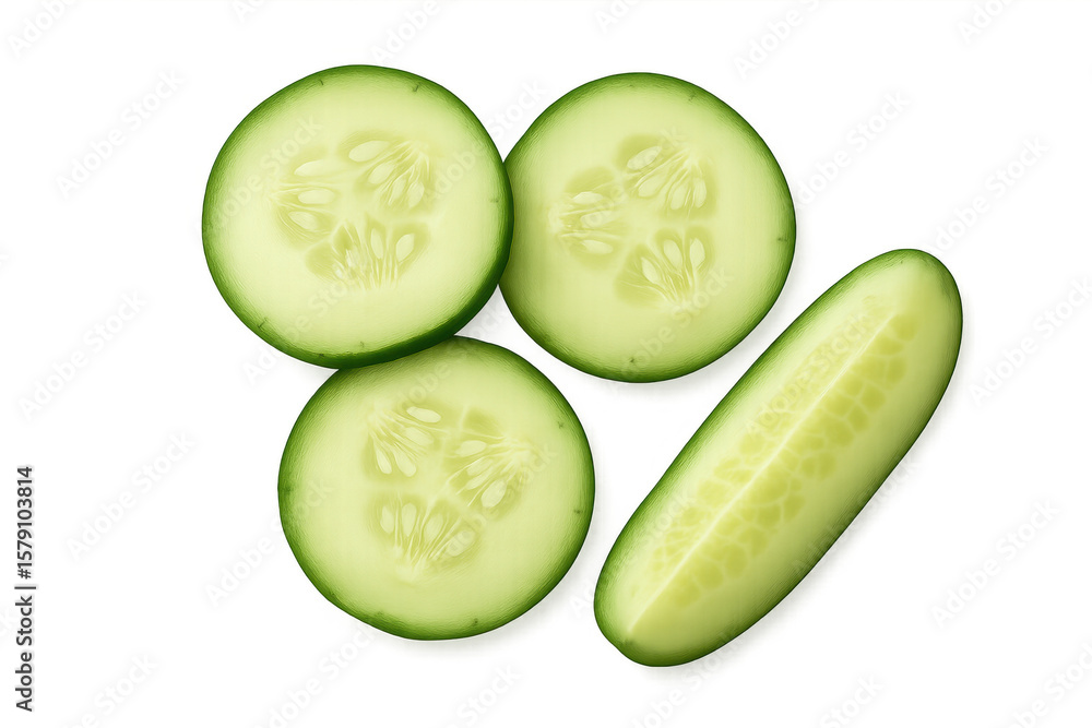 Poster cucumber cut into round and longitudinal slices, creating a fresh and healthy image, perfect for foo