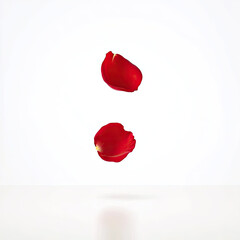 Red rose petal gently floating in air with soft shadow