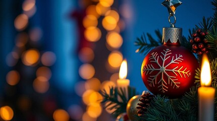 christmas ornament, holiday decoration, snowflake pattern, colorful lights, blurred background, festive atmosphere, cozy winter scene, holiday cheer, glowing bokeh, pine tree branches
