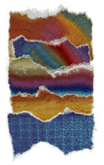 A vertical collage of torn paper stickers layered on top of each other in a textured and colorful composition. Each strip displays a distinct texture.
