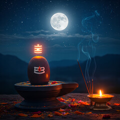 Mystical Night Still Life of Shiva Lingam with Incense Offering