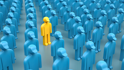 Obraz premium Individual standing out from a crowd of similar figures, representing uniqueness and differentiation in business or personal contexts.