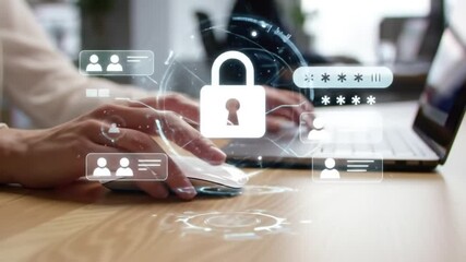 Data Security Woman Working on Laptop with Padlock Security Icon Overlay, Protecting Login Personal Information - Powered by Adobe