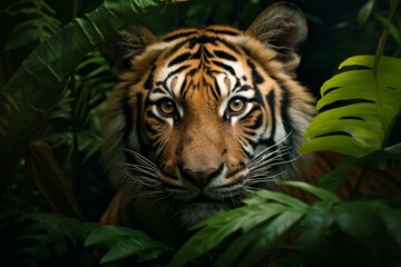Fototapeta premium Close up of majestic sumatran tiger peering through dense jungle foliage