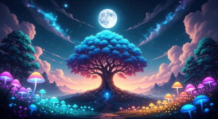 Magical Glowing Forest Scene Under A Luminous Full Moon