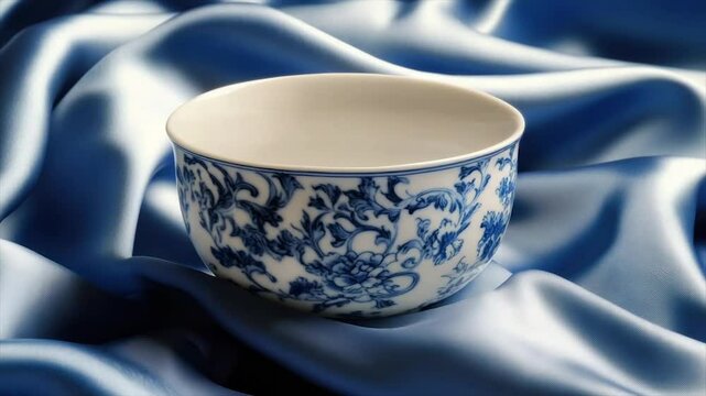 A porcelain bowl with cobalt blue floral design rests on a swath of draped, deep blue silk