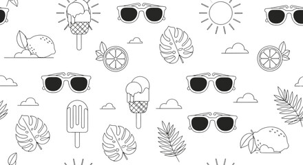 Summer themed line art pattern with sunglasses citrus fruits ice cream and tropical leaves.