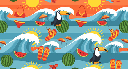 Vibrant Summer Pattern with Toucans Watermelons Waves and Beach Accessories.