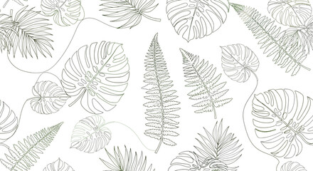 Delicate Line Art of Tropical Leaves Ferns Monstera and Palm Fronds.