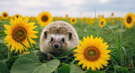 Cute Hedgehog Amongst Vibrant Yellow Sunflowers in a Lush Green Field on a Cloudy Day