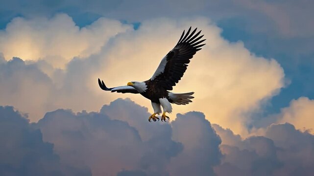 Majestic eagle soaring through a dramatic sky filled with clouds