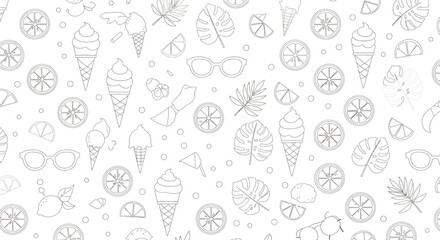 Summer themed seamless pattern with ice cream citrus slices leaves and sunglasses.