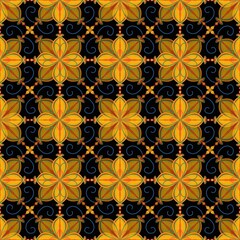 seamless floral pattern,flower,leaf created by combining red,green,pink curves and painting with black background in geometric patterns to as sarong,tile,fabric,printed fabric,tablecloth patterns