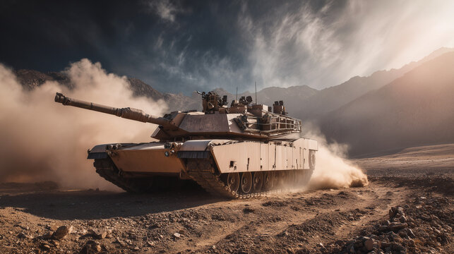 M1 Abrams main battle tank with desert camouflage on rugged terrain, symbol of military strength, armored vehicle, defense technology, and combat power.