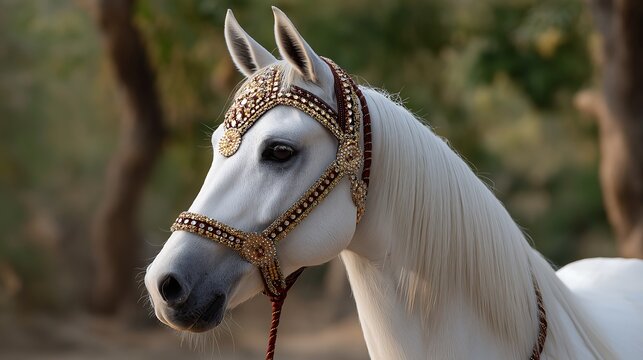 Marwari horse from India with curved ears, adorned in traditional Rajasthani ceremonial tack.