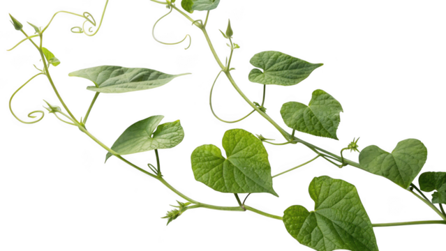 Vibrant green vine with heart shaped leaves and delicate tendrils isolated on transparent background