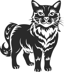 Obraz premium Stylized black cat vector illustration. Decorative silhouette of a standing domestic pet for a logo, emblem, or tattoo. Black and white stencil of a fluffy feline animal.