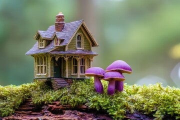A miniature house nestled in a bed of moss, with vibrant purple mushrooms nearby.