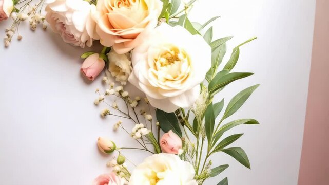 Elegant floral corner arrangement featuring roses, buds, baby's breath, and leaves on a clean white background offering design space