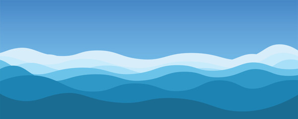 Blue ocean or sea waves. Realistic vector ocean waves and sky with clouds on wide background. Abstract blue sea waves. Vector illustration