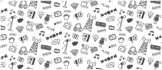 podcast broadcast doodle seamless pattern hand drawing icon sketch drawn