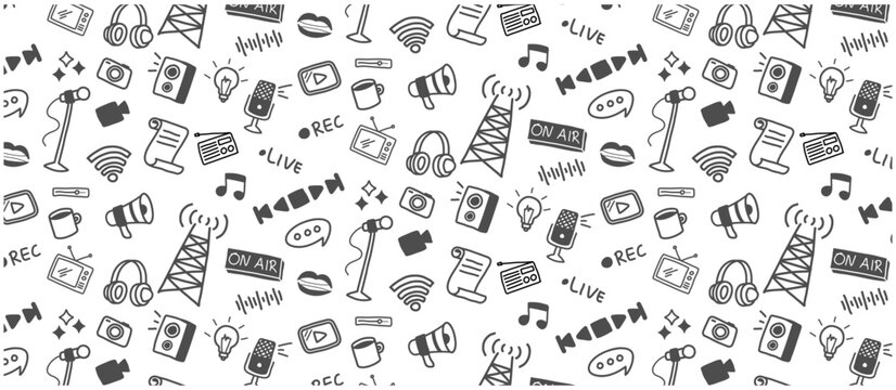 podcast broadcast doodle seamless pattern hand drawing icon sketch drawn