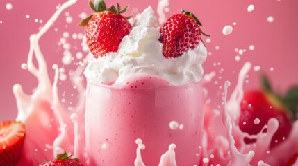 Strawberry milkshake with whipped cream and berries, splashing milk.