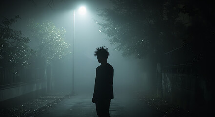A solitary figure stands under a street lamp in a foggy, atmospheric night scene.