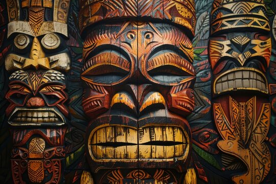 Three carved wooden tiki masks represent traditional polynesian art and culture - Powered by Adobe