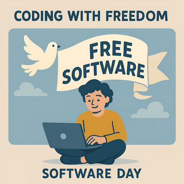 Hyper ilisIllustration of a person coding on a laptop with a banner reading 'Free Software' and a flying dove. Celebrating Software Freedom Day and open source technology with creativity and peace."