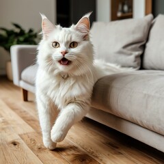 Playful white cat jumping on a cozy sofa.