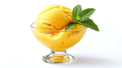 Vibrant mango sorbet in a elegant glass dish with fresh mint, a perfect bright and refreshing summer dessert on white.