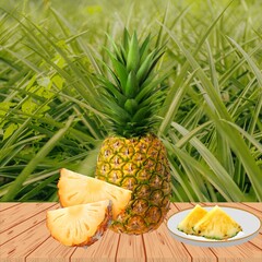 Whole Pineapple with Green Crown and background &ndash; Tropical Fruit Illustration
