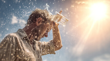 Man pouring water on head in hot weather summer heatwave dehydration relief thirst quenching sunny day