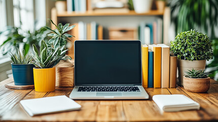 Fototapeta premium Laptop sits on a wooden desk with a few potted plants and books