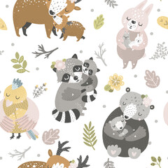 A seamless pattern on a white background features various woodland animals, predominantly in muted tones of gray, brown, and beige. Each animal is depicted in a stylized, cartoon-like manner, 