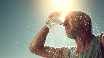Man pouring water on face for heat relief during summer hot weather and sun exposure hydration concept
