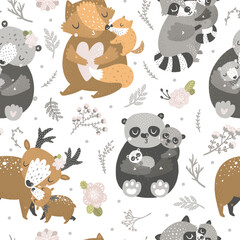 Cute woodland animals hugging their babies in seamless cartoon pattern. Perfect for kids' fabric, nursery wallpaper, baby shower design, and children's prints.